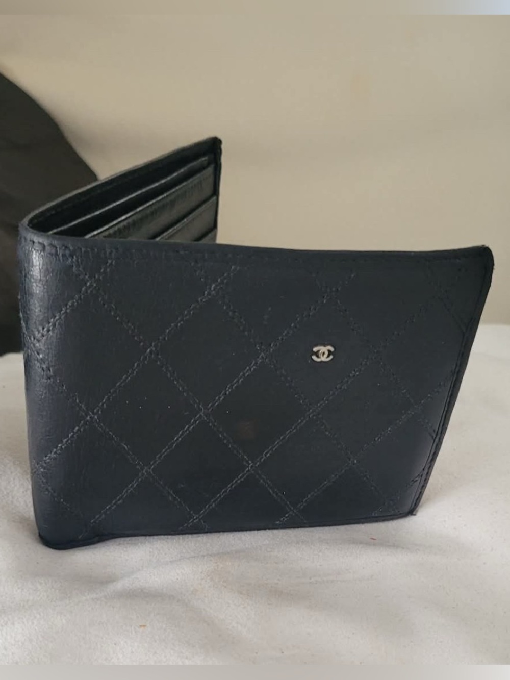Authentic CHANEL Black Quilted Leather Card Wallet with CC Charm